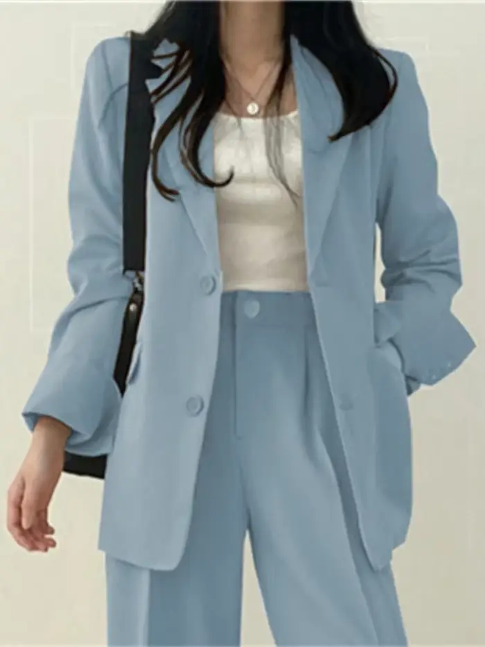 Dámske elastan Polyester sako a nohavice Set, Stredná veľkosť, rebrovaný golier sako, široké nohavice nohavice, moderné fit, jarné letné obdobie, profesionálne príležitosti