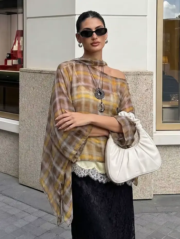 HH Dámska módna blúzka s károvaným vzorom