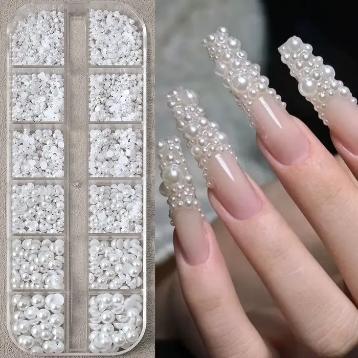 Perles demi-rondes à 12 grilles, breloques 3D pour ongles, 1.5/2/2.5/3/4/5mm, perles blanches à dos 