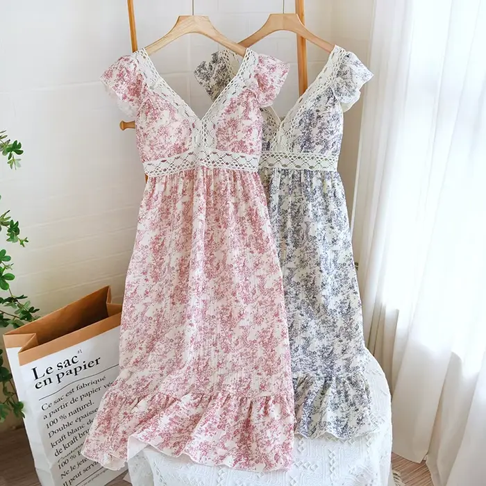 Robe de nuit en fibre de coton pur pour femmes, vêtements de nuit à col en V, vêtements de nuit pour la maison, pyjama d'été