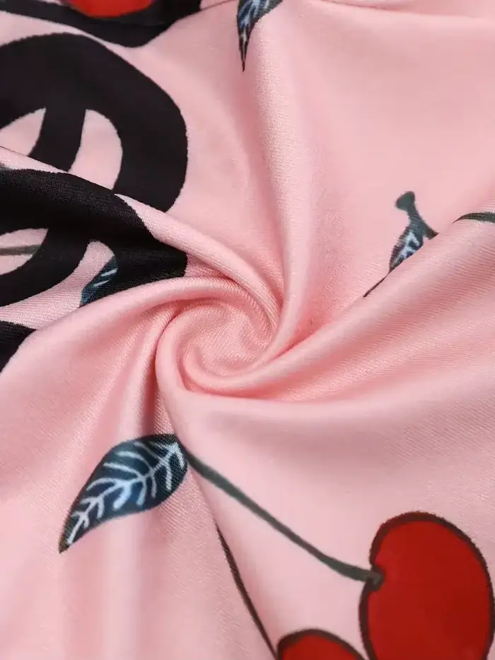 Sexy pyžamo pre ženy, ležérne body, cherry print, v-neck, predné tlačidlo, dlhé rukávy, Slim Fit, kombinéza, spacie oblečenie