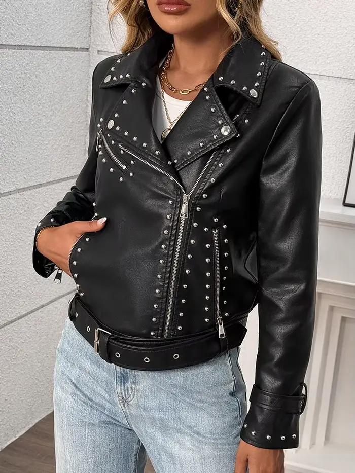 Ailegogo jarná jeseň dámske Streetwear Nity zips opasok Umelá koža bunda Vintage žena Moto Biker