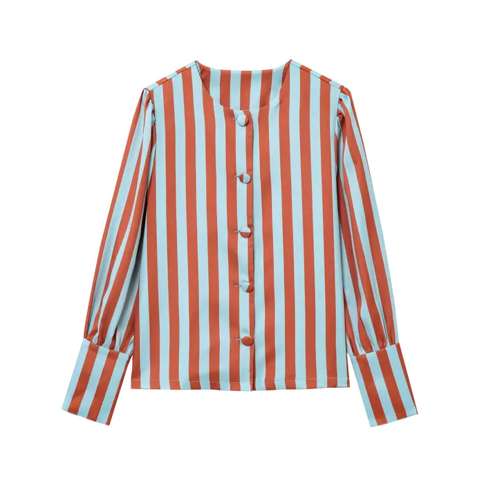 Chemisier Chic pour femmes, coupe ample, imprimé rayé, col rond, manches bouffantes, simple boutonna