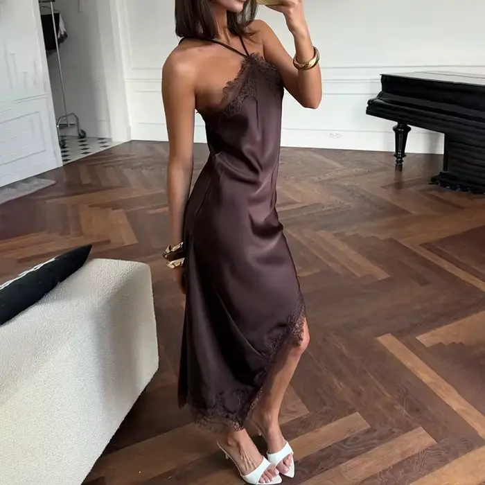 Saténová a čipkovaná nočná košeľa pre ženy, sexy, s golierom, asymetrická, dĺžka členku, elegantný francúzsky štýl, bez chrbta, pre večierky a akcie