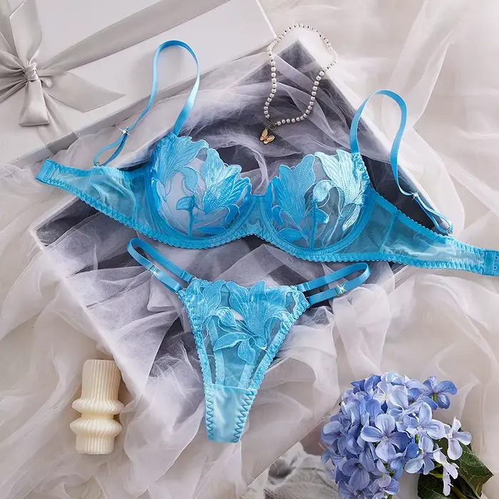 Ensemble de lingerie féminine en dentelle brodée, bleu, Pure Desire, lingerie pour adultes, ensemble