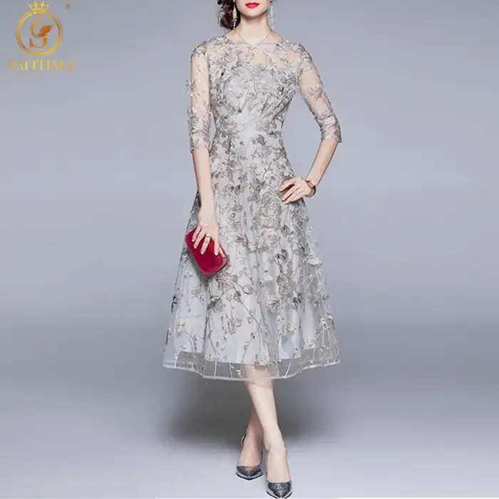 SMTHMA – robe de soirée Vintage pour femmes, nouvelle mode de styliste, demi manches, fleurs magnifi
