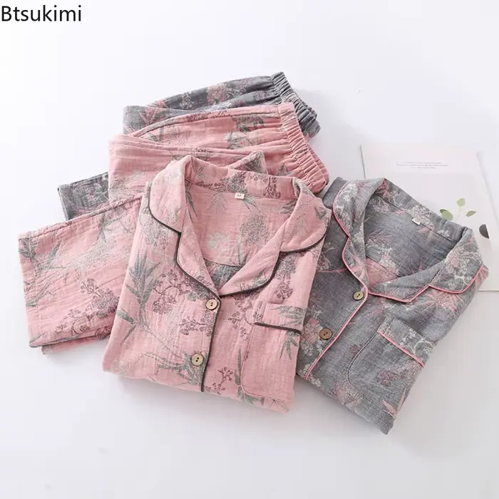 Btsukimi pyžamo Set pre ženy v čistej bavlne, retro dizajn, mäkká podšívka, veľkosť M L XL, farby ružová šedá, spánok a odpočinok príležitosti