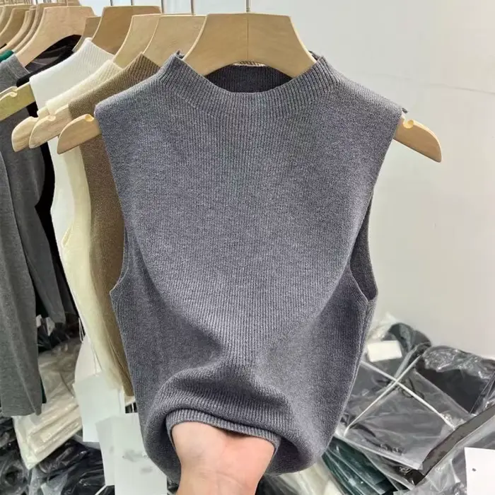 Dámske tričko bez rukávov jednofarebné pletené crop top camisole polovičný rolák jar jeseň