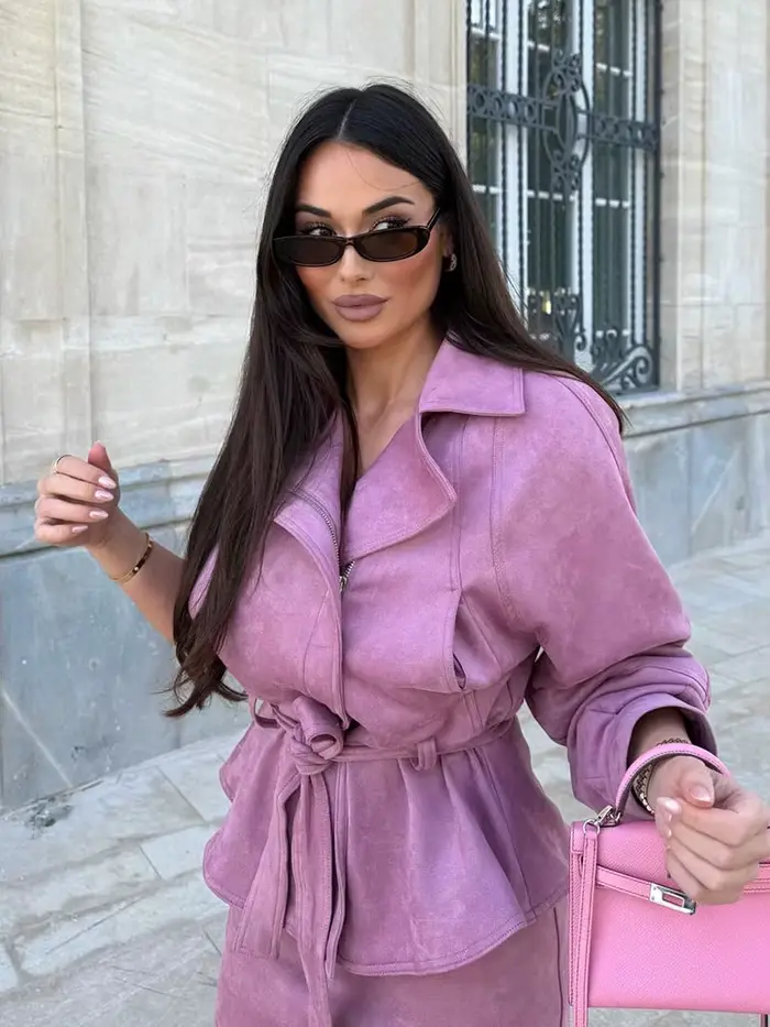 HH 2026 Nouvelle Collection Femme : Ensemble Élégant Veste Courte Unie à Fermeture Éclair Asymétriqu