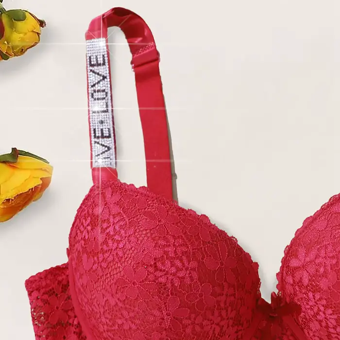 Beauwear Shine lettre bretelles soutien-gorge push up confortable respirant dentelle florale soutien-gorge de tous les jours