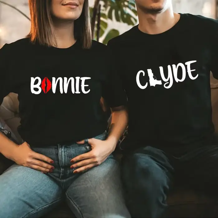T-shirt à Manches Courtes et Col Rond pour Homme et Femme, Imprimé Bonnie Clyde Jules, Amoureux, Cou