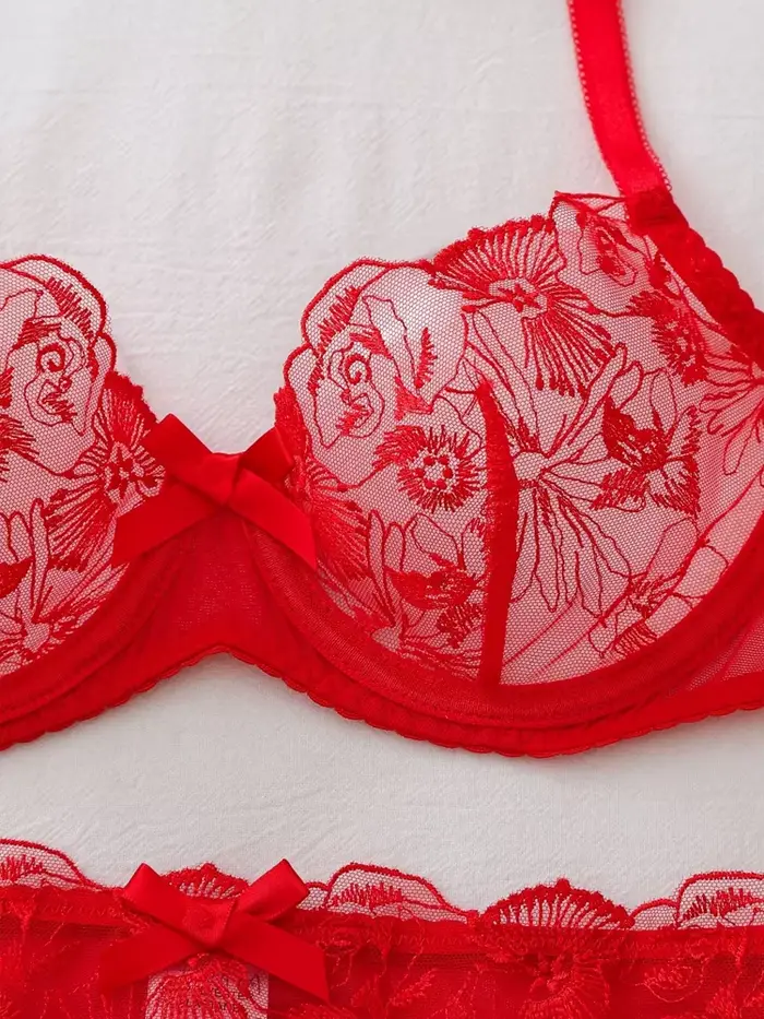 Belamimi luxusné vyšívané priehľadné pletivo 3-dielna sexy spodná bielizeň s pančuchy, večerné oblečenie pre ženy