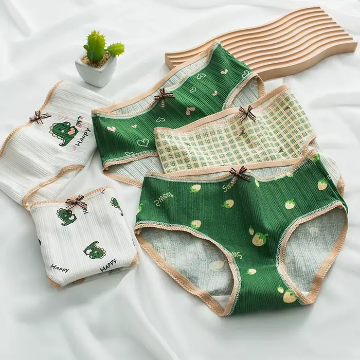 Culotte verte sous-vêtements en coton pour femmes, slip confortable avec nœud à la mode, taille moyenne, sans couture, joli dessin animé pour filles