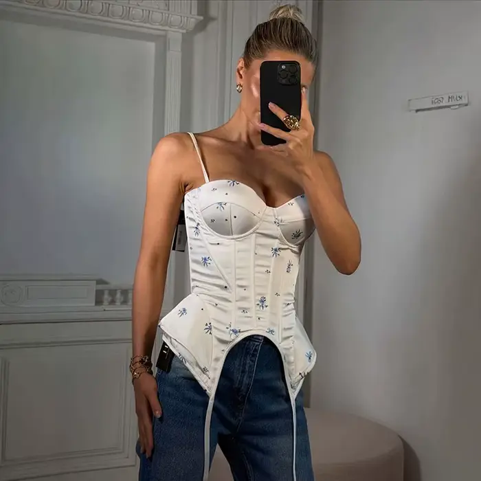 Top corset en dentelle patchwork pour femmes, sexy, coupe ajustée, bretelles spaghetti, fermeture éc