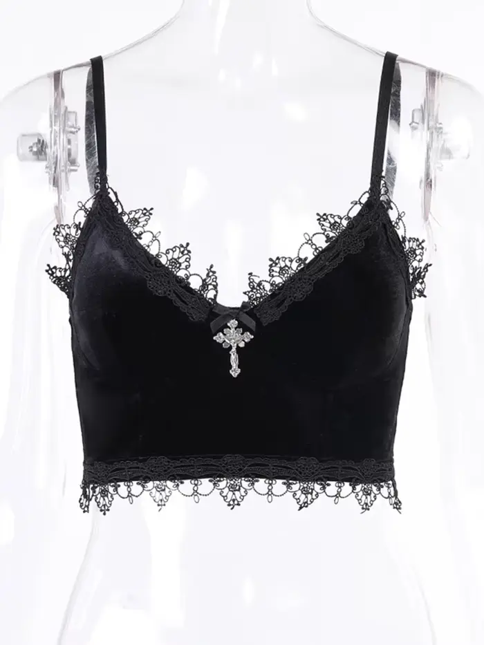 Velours Y2K centre commercial Goth culture hauts noir dentelle garniture Emo Alternative esthétique 