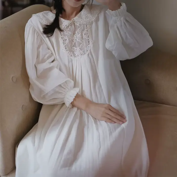 Chemises de nuit pour femmes 100% coton à manches longues, style princesse, avec dentelle, col rabat
