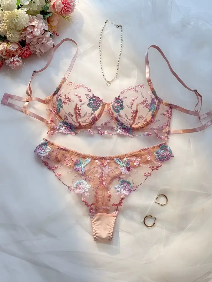 Ensemble soutien-gorge et culotte pour femmes en dentelle rose pastel douce avec armatures en acier,