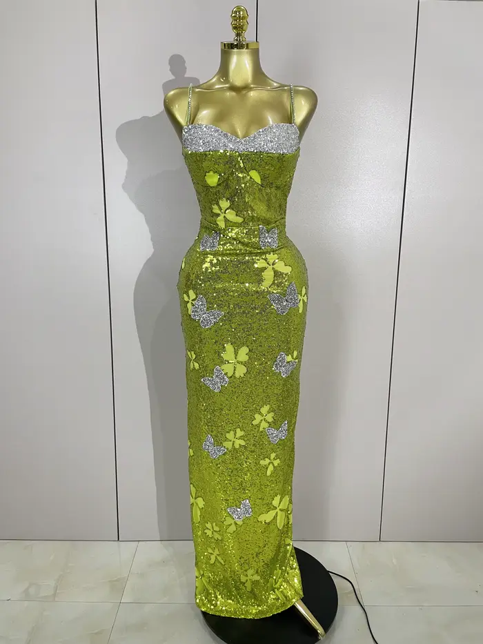Elegantný trblietavý motýľ kryštál Sexy lano zelené obtiahnuté dlhé šaty pre ženy na oslavu večierka narodenín svadobné hostky