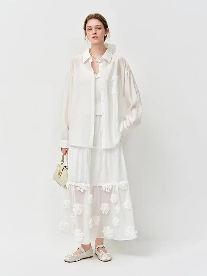 Jupe midi superposée FSLE 2026 pour femme, jupe trapèze blanche brodée de fleurs 3D pour un style ré