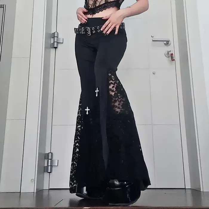 Goth – pantalon évasé en dentelle noire, Sexy, Patchwork, taille haute, Vintage, Harajuku, Hippie, P