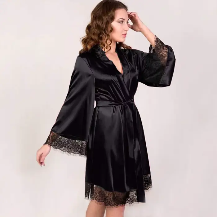 Robe Kimono Sexy pour femmes, chemise de nuit en Satin garnie de dentelle, vêtements de nuit de mari