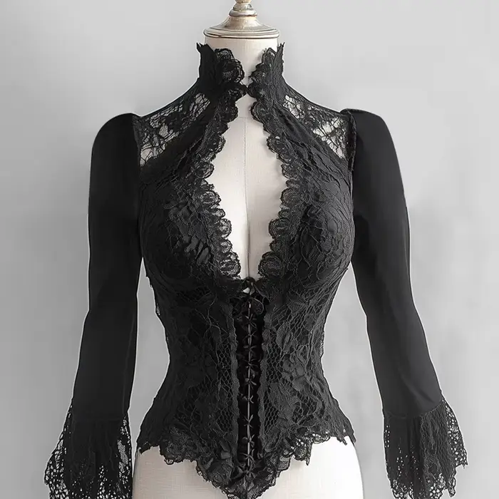 Čierna francúzska korzetová blúzka pre ženy, slim fit, elegantná, priehľadná čipka, vysoký golier, rozšírené vystrihnuté rukávy, dámska košeľa