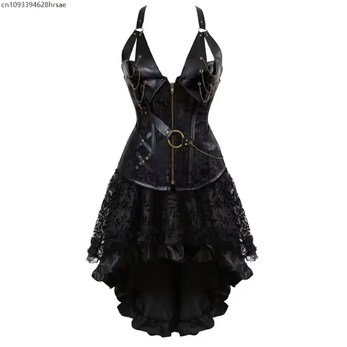 Robe Corsets gothiques en cuir, Bustier Pirate Steampunk avec jupe en dentelle florale, ensemble Bur