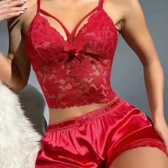 2 kusy / set dámske pyžamo, Valentínske spanie, prelamované čipky, V-neck, bez chrbta, bez rukávov krátky top, vysoký pás saténové šortky
