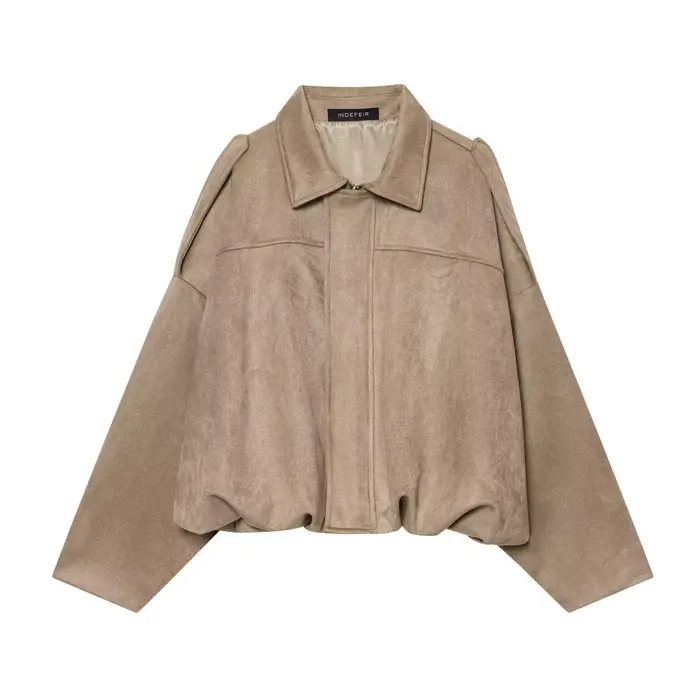 Veste en daim kaki pour femme, ample, décontractée, col rabattu, fermeture éclair, manteau épais, vê