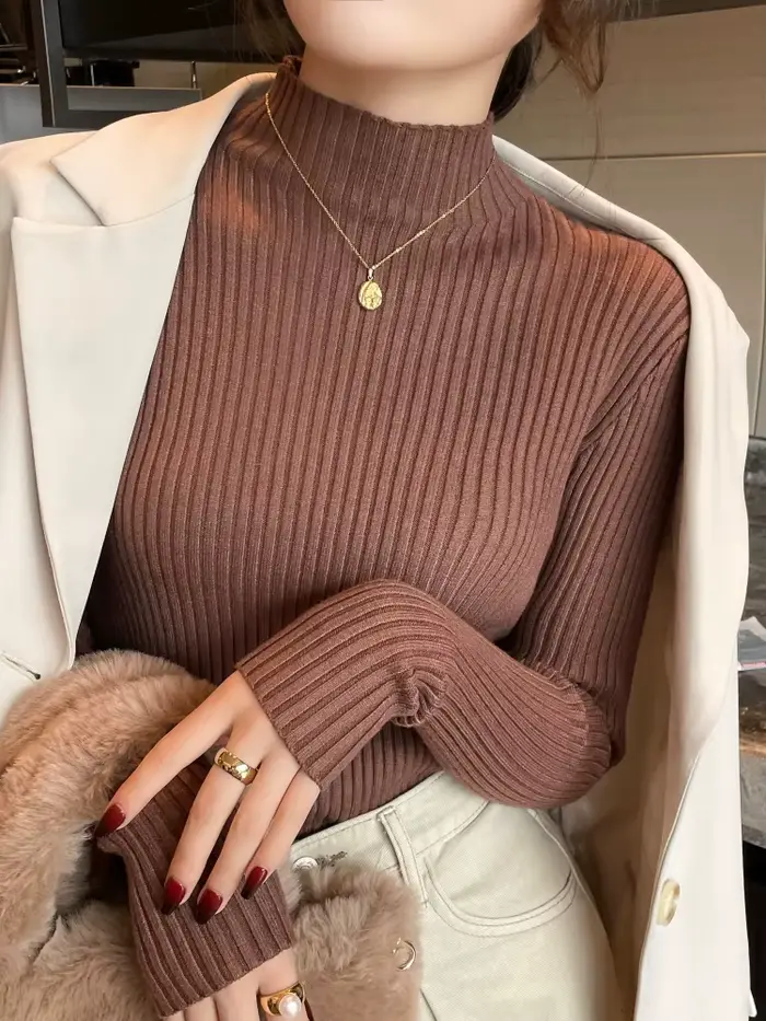 Pulls en maille unie slim chic pour femme, col roulé, manches longues, décontractés, chauds, basique