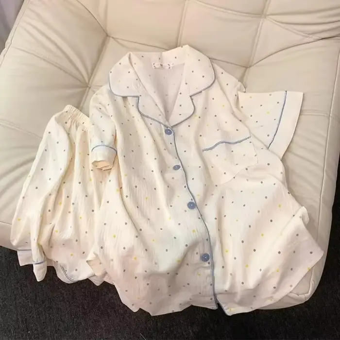 Dámske polka dot tlačené pyžamo, bavlnené pyžamo set, top a šortky, 2-dielna sada, ležérne a pohodlné doma, mäkké oblečenie