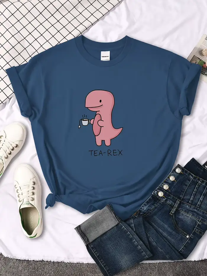 T-shirt imprimé Tea-Rex rose mignon pour femme, col rond, chemise surdimensionnée adt, Harajuku, tou