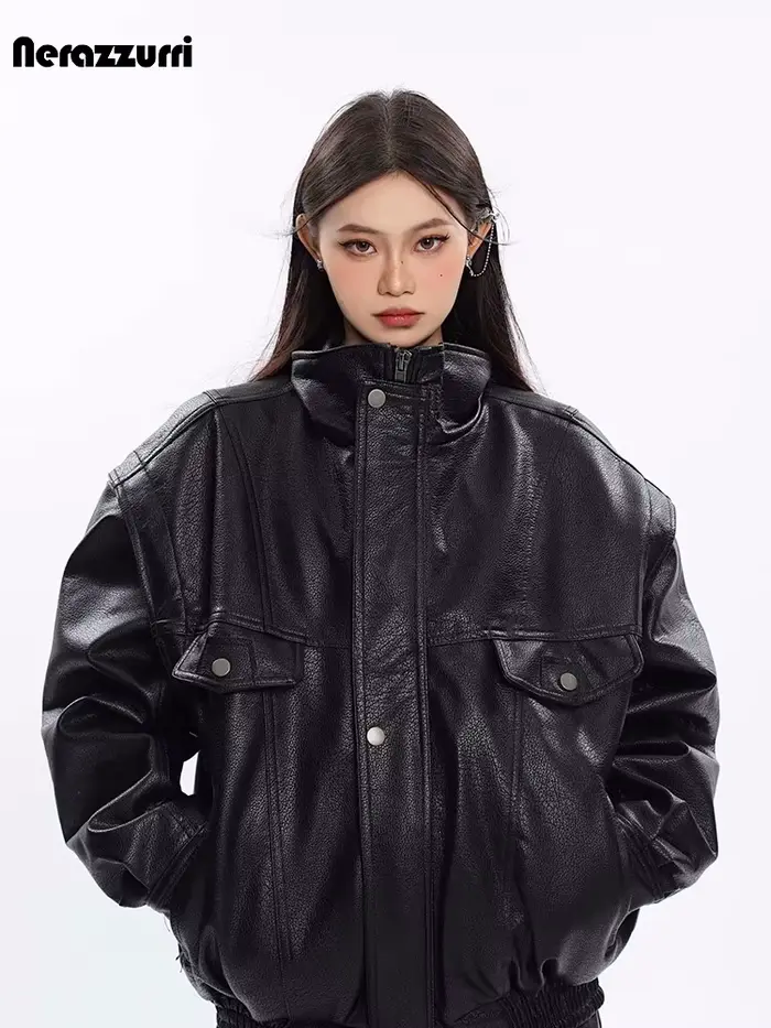 Nerazzurri – veste en cuir Pu noir pour femme, vêtement surdimensionné, coupe-vent, épais, fermeture