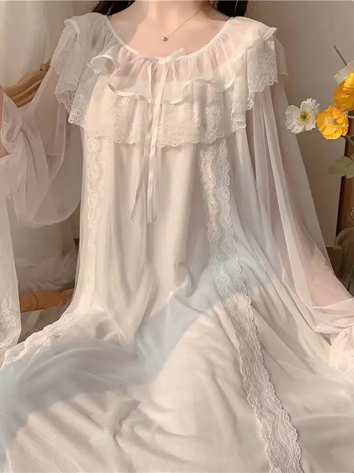Vintage lietajúce ženy nočné košele Lolita pyžamo princezná biela čipka oka víla nočná košeľa viktoriánske nočné košele relaxačné oblečenie