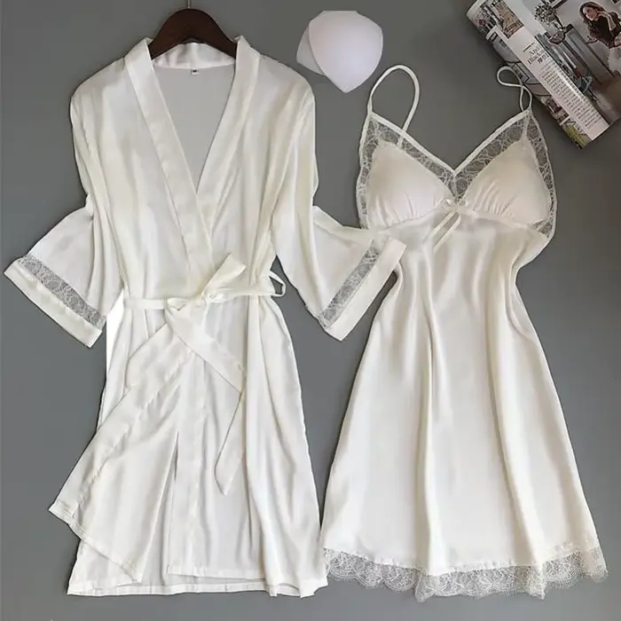 Sexi hodvábny kimono župan pre ženy biela nevesta družička Svadobné šaty s čipkovaným lemom voľné domáce oblečenie na spanie
