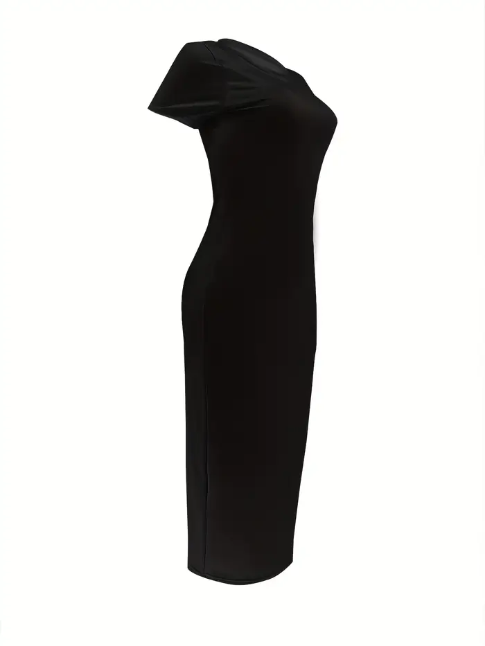 Femmes d'été décontracté mode coupe ajustée sexy couleur unie col rond manches courtes robe longue n