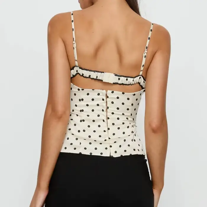Femmes à pois dentelle garniture Cami haut Sexy dos nu sans manches mince ajusté Camisole haut Vinta