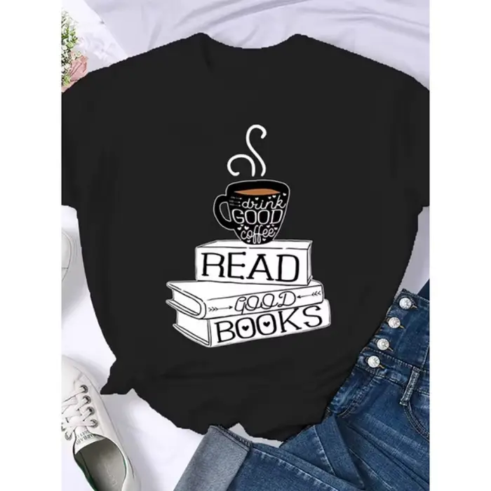 Café livres livres marron américain rétro T-shirt femme col rond demi manches T-shirt imprimé T-shir