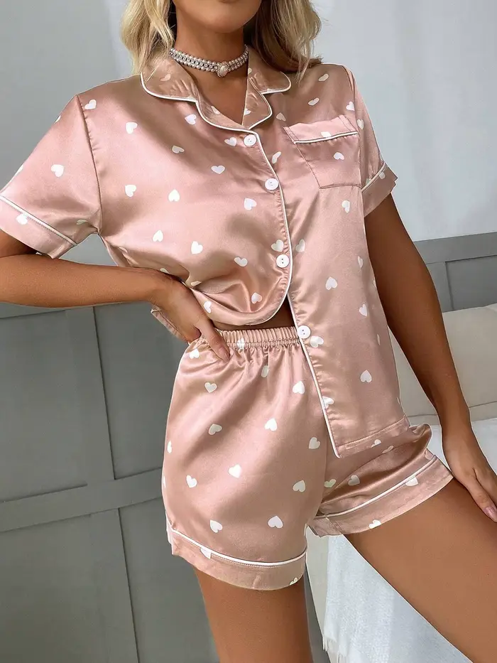 Pyjama en satin imprimé cœur pour femmes basiques de nuit et détente occasions spéciales