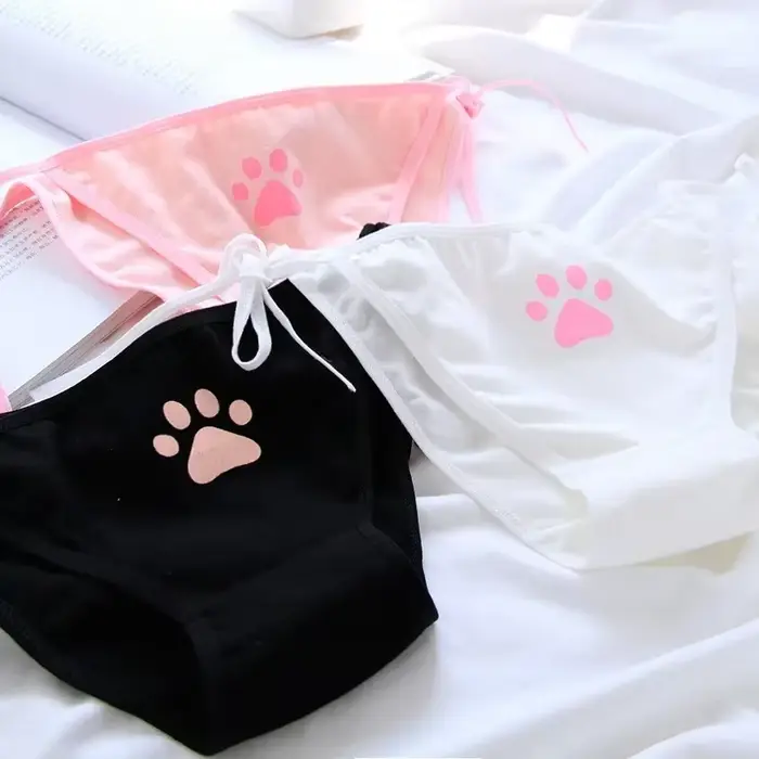 Ženy Sexy nastaviteľná obväz Lolita nohavičky nízky pás Lingerie roztomilý pazúr slipy Animácia dievča Kawaii mačacia labka vzor spodná bielizeň