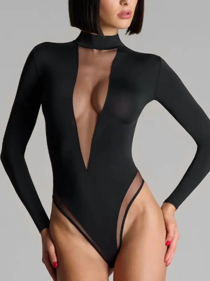 Európske a americké Sexy pikantné dievča jednofarebné čipky s dlhým rukávom Bodysuit jar a jeseň Sexy ženy Slim Fit topy