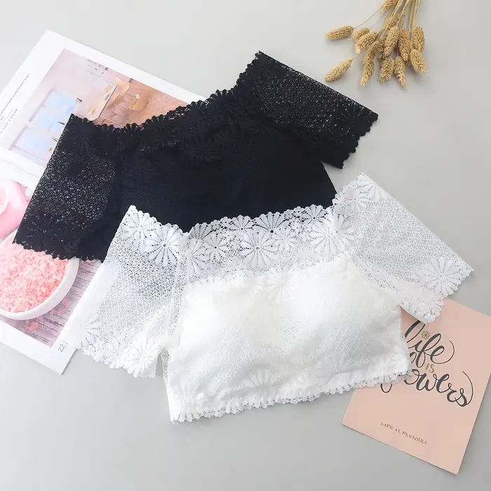 Nouvelles femmes Sexy dentelle épaules nues culture hauts avec soutien-gorge à manches courtes Haraj
