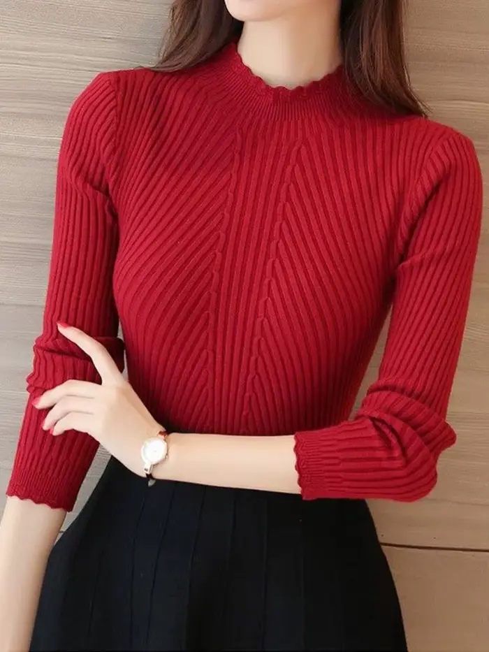 Pull tricoté décontracté à col montant et volants pour femme, manches longues, uni, à rayures, colle