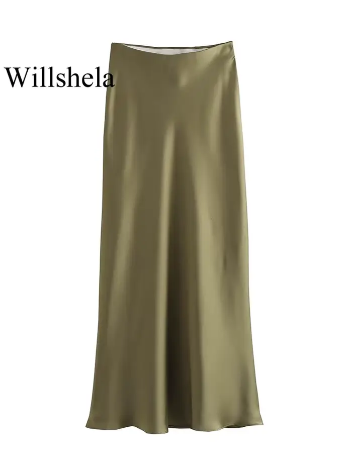 Willshela 2024 jupe en Satin noir femme taille haute jupes longues élégantes pour les femmes mode ét