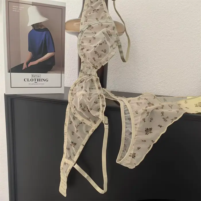 Dámske kvetinová tlač spodná bielizeň Set, Sexy čipka podprsenka, francúzština, ultra tenké, priedušné, intímne, mäkké spodné prádlo