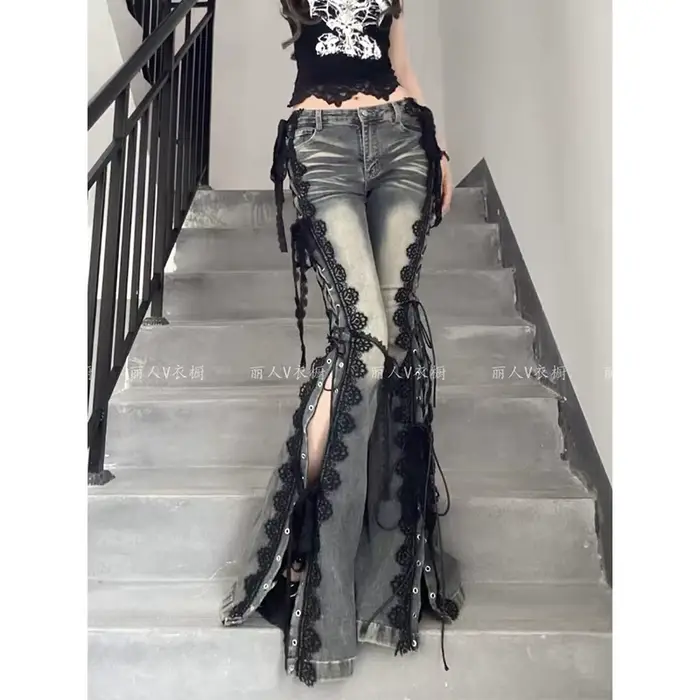 YIBASHU femmes Dark Academia Goblin Core Harajuku Y2K taille basse dentelle jean Abi Denim Flare pan