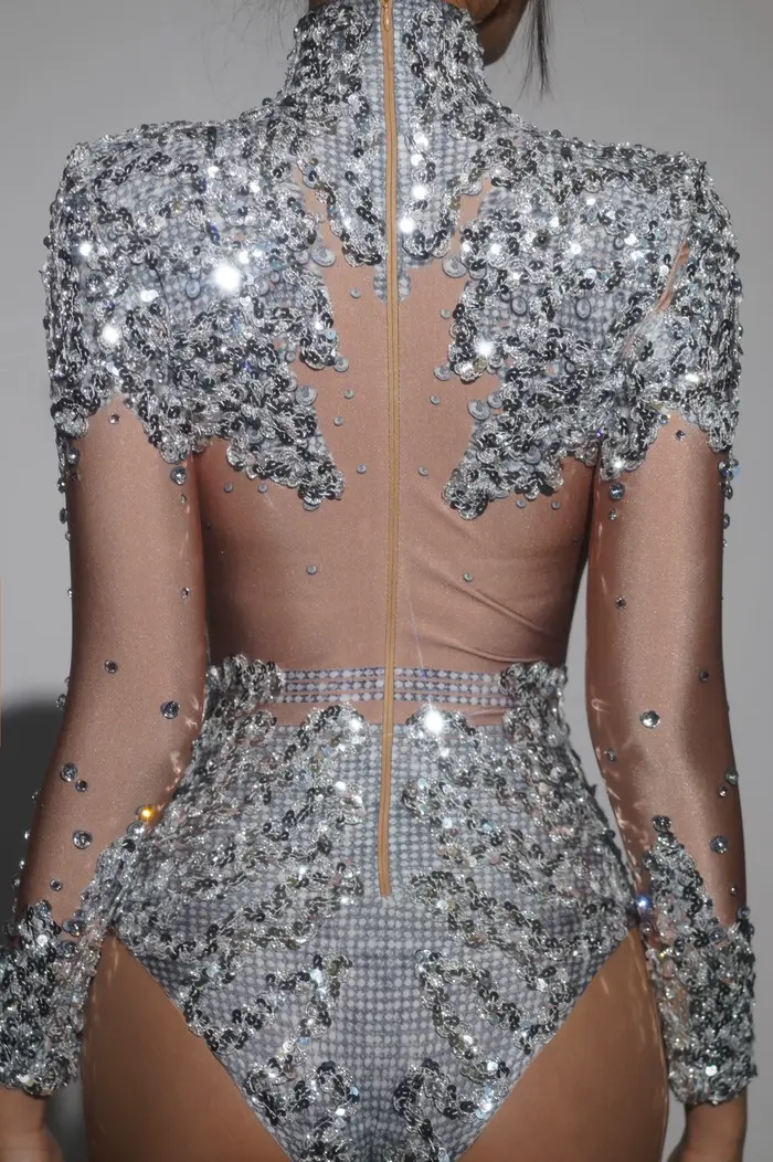Body extensible à paillettes et strass scintillants pour femmes, Costume de spectacle sur scène pour