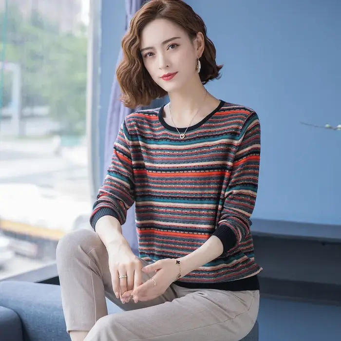 S-3XL d'âge moyen mère pull de base femmes printemps automne nouveau rayé manches longues haut col r
