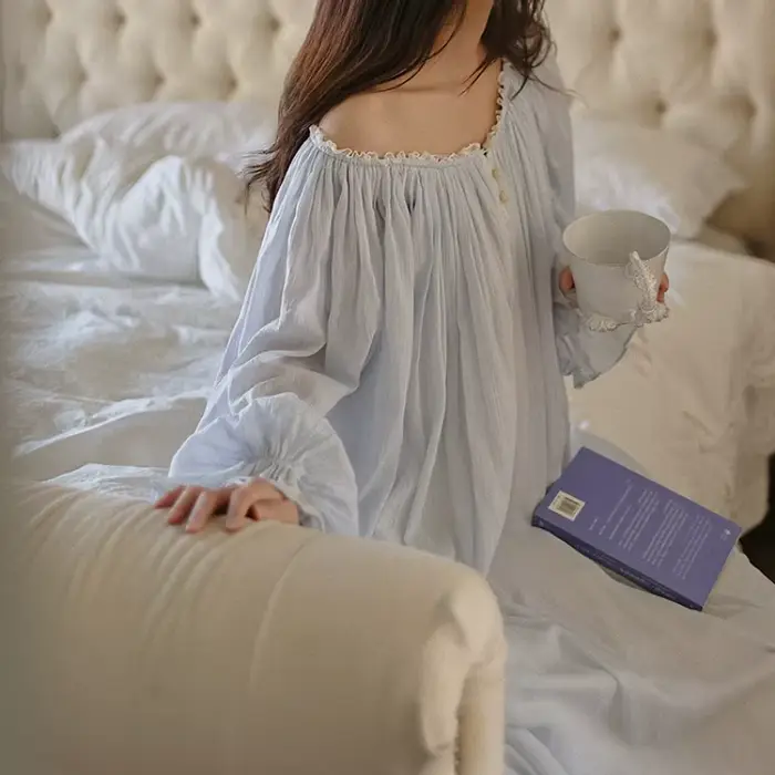 Chemise de nuit en coton tricoté 100% femme style vendange longue ample bleu vintage pour dormir occasions spéciales ```