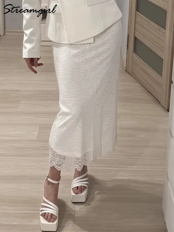 Biela čipka sukne Maxi Bodycon Dámska kancelária držal elegantné formálne sukne s čipkou Lady elastickým pásom čipka dlhé čierne sukne